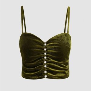 Velvet Ruched Rhinestone Cami Crop Top - Olive Green